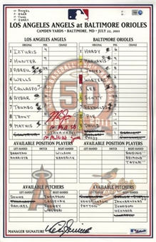 Mike Trout Signed Los Angeles Angeles vs Baltimore Orioles Game Used Lineup Card(7/22/11) Inscribed "1st MLB SB, 1st Multi-Hit Game"(MLB AUTH)